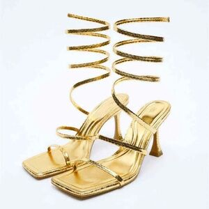 Zara Gold Spiral-Strap High Heel Sandals - Women 38